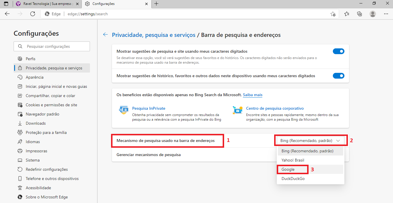 Como alterar o buscador padrão no Edge Blog Ravel Tecnologia