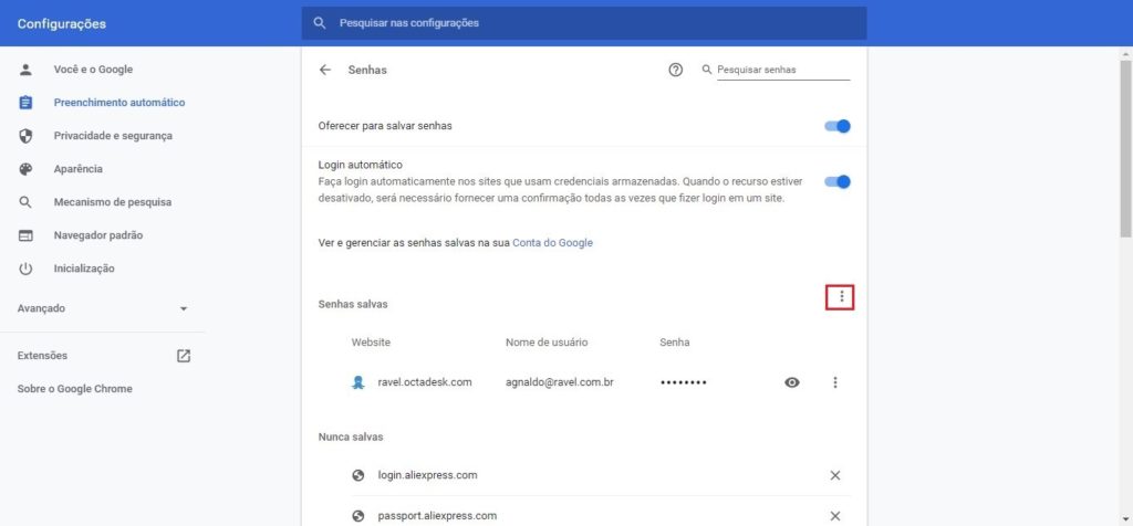 exportação de senhas salvas google chrome