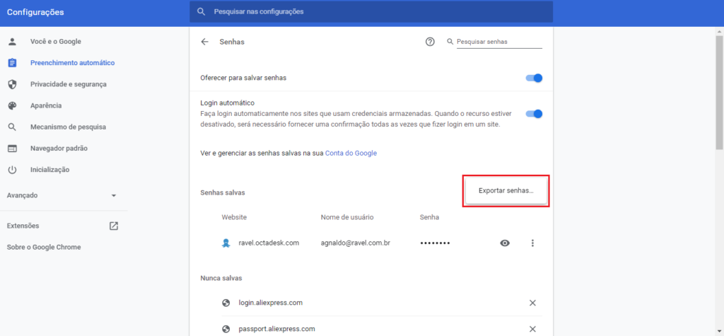 exportar senhas salvas google chrome