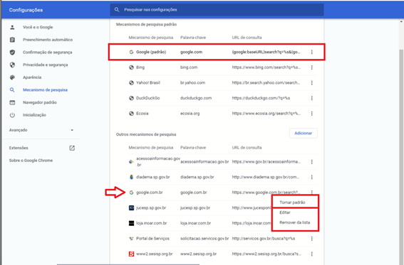 como alterar o mecanismo de pesquisa do Chrome