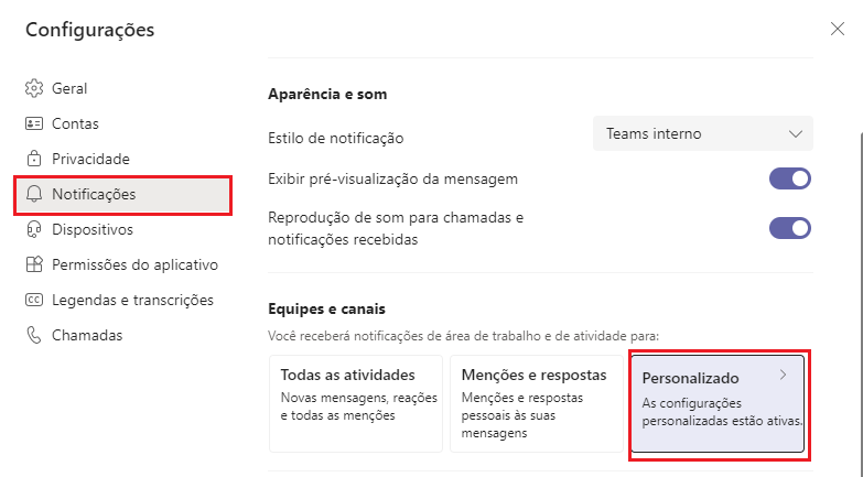 ativar notificações no Teams
