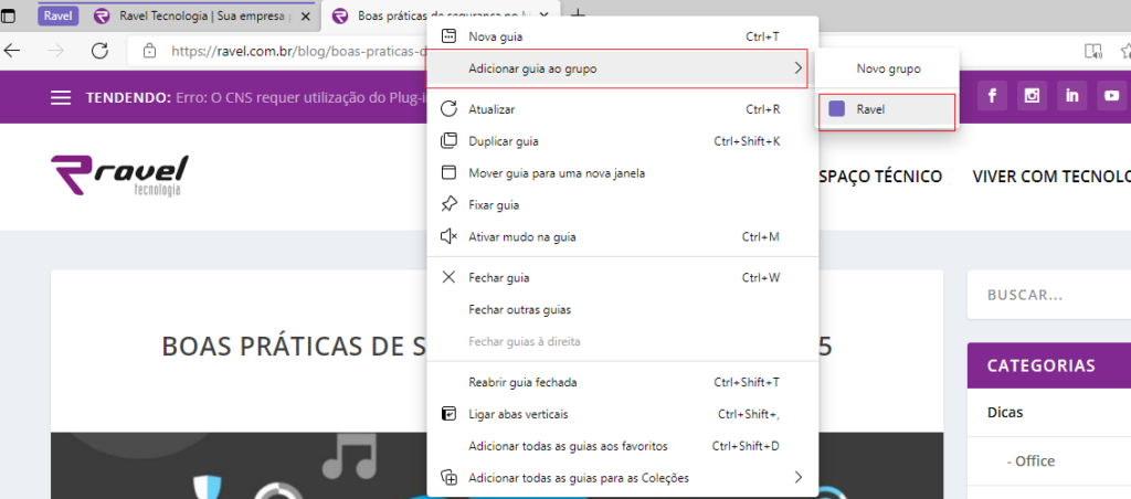 como agrupar guias no Edge