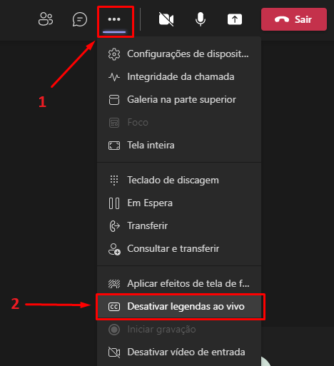 Como desativar legendas no Teams 