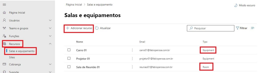 usar a função Salas e Equipamentos do Microsoft 365
