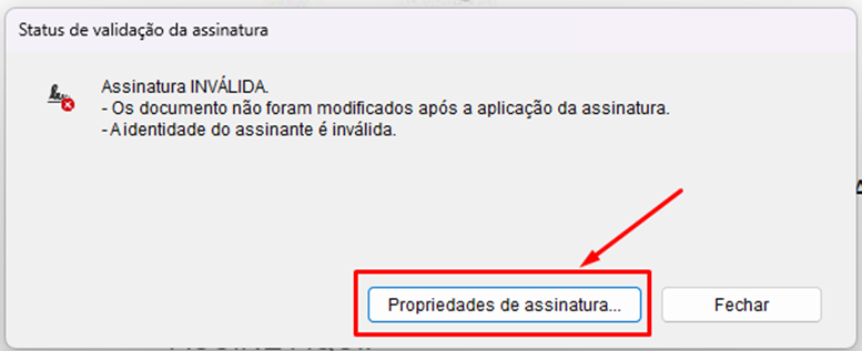 propriedades assinatura inválida no Adobe reader