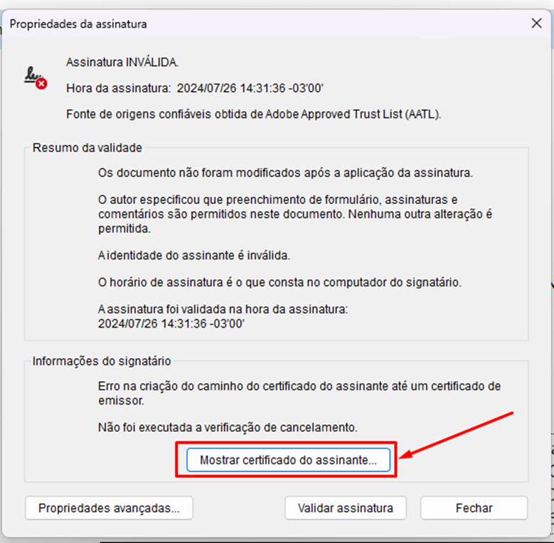 certificado assinatura inválida no Adobe reader