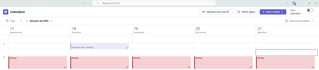 Microsoft Teams calendário antigo