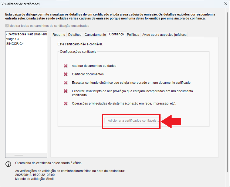 certificado não é confiável no Adobe Reader