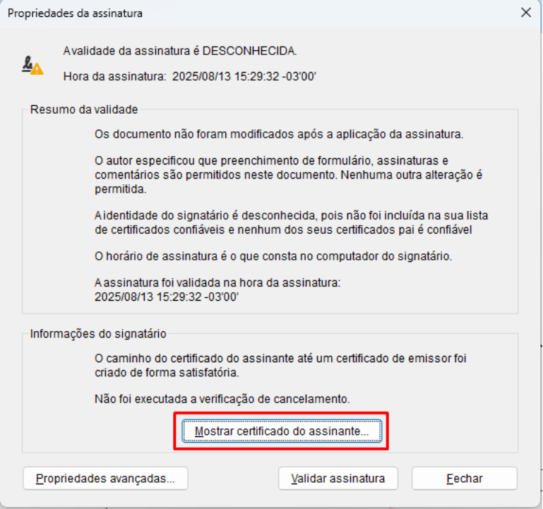 mostrar certificado não é confiável no Adobe Reader