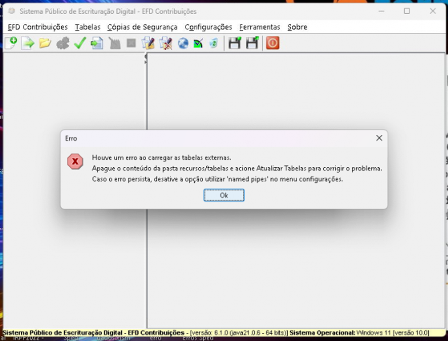 erro de tabelas externas Sped Contruibuições